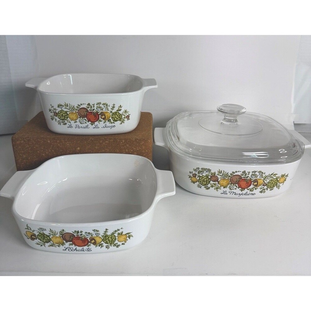 Vintage Corning Ware Spice of Life 1 & 1.5 Qt , 10” Square Casserole Dish w/ Lid